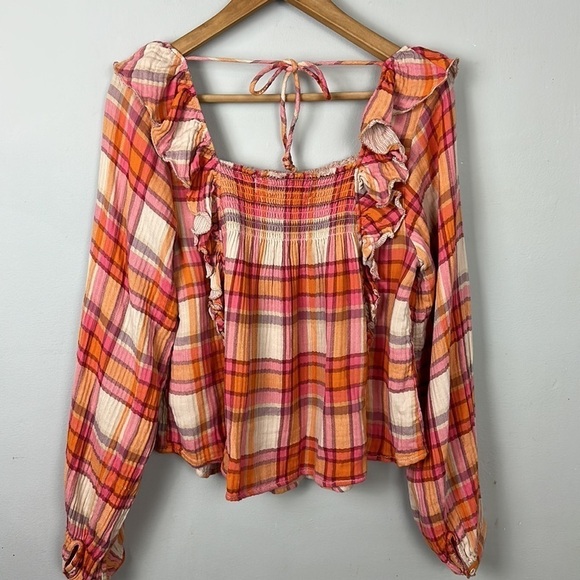 We the Free Free People Sienna Plaid Tie Back Top Sz S - Picture 9 of 13
